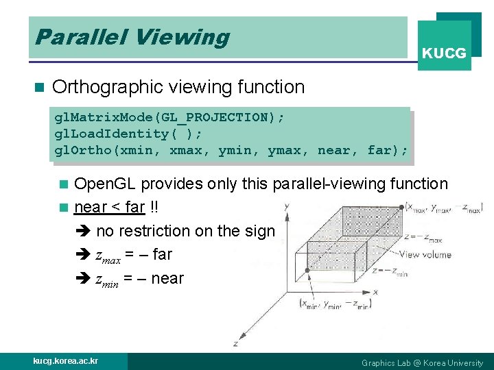 Parallel Viewing n KUCG Orthographic viewing function gl. Matrix. Mode(GL_PROJECTION); gl. Load. Identity( );