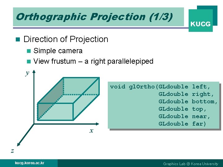 Orthographic Projection (1/3) n KUCG Direction of Projection Simple camera n View frustum – Orthographic Projection (1/3) n KUCG Direction of Projection Simple camera n View frustum –