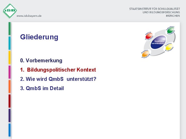 Gliederung 0. Vorbemerkung 1. Bildungspolitischer Kontext 2. Wie wird Qmb. S unterstützt? 3. Qmb.