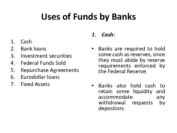 Uses of Funds by Banks 1. 2. 3. 4. 5. 6. 7. Cash Bank
