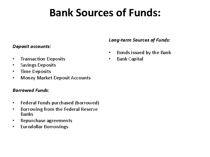 Bank Sources of Funds: Deposit accounts: • Transaction Deposits • Savings Deposits • Time