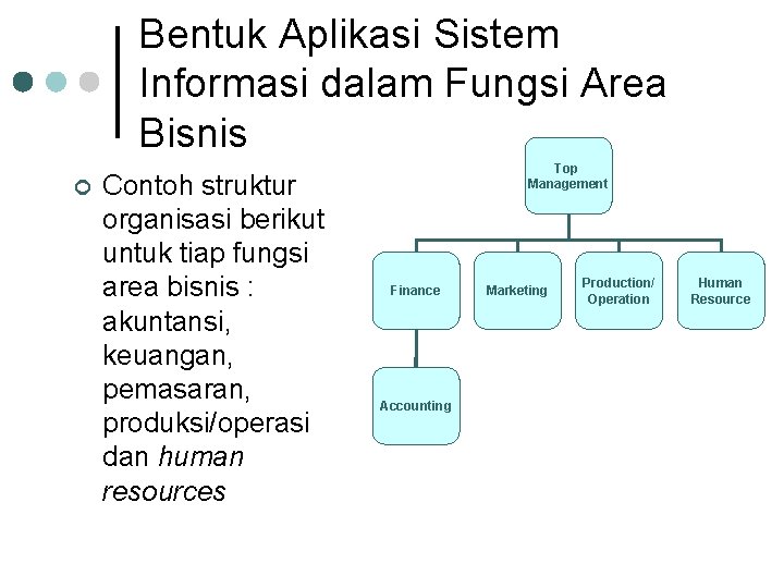 Bentuk Aplikasi Sistem Informasi dalam Fungsi Area Bisnis ¢ Contoh struktur organisasi berikut untuk