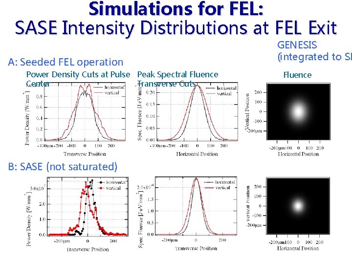 Simulations for FEL: SASE Intensity Distributions at FEL Exit A: Seeded FEL operation Power