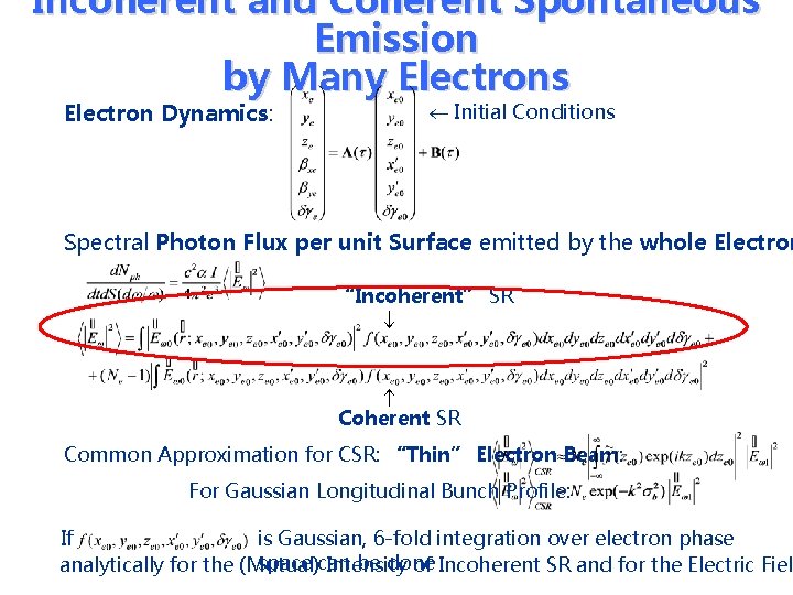 Incoherent and Coherent Spontaneous Emission by Many Electrons Electron Dynamics: Initial Conditions Spectral Photon