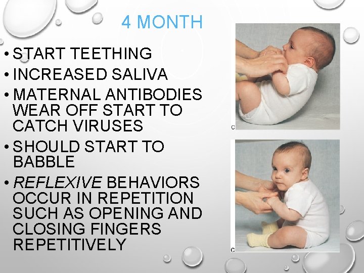 4 MONTH • START TEETHING • INCREASED SALIVA • MATERNAL ANTIBODIES WEAR OFF START