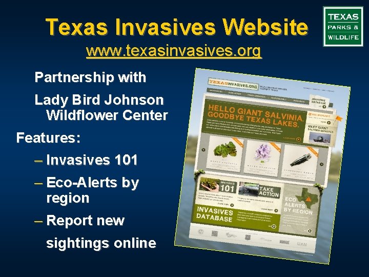 Texas Invasives Website www. texasinvasives. org Partnership with Lady Bird Johnson Wildflower Center Features: