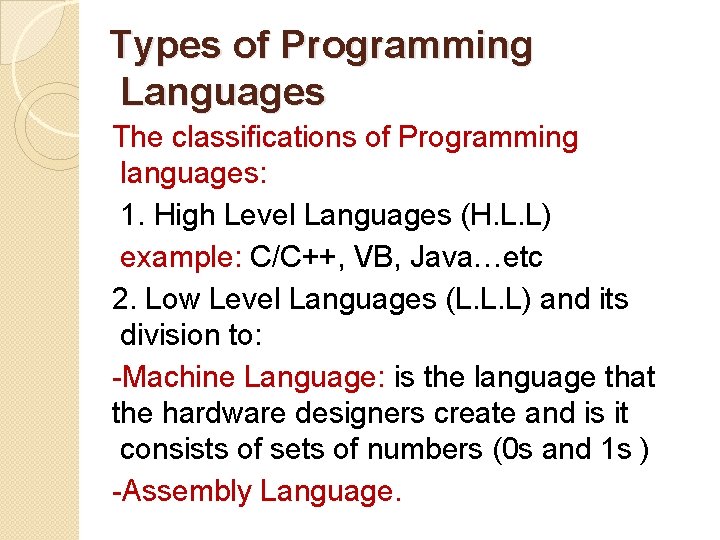 Types of Programming Languages The classifications of Programming languages: 1. High Level Languages (H.