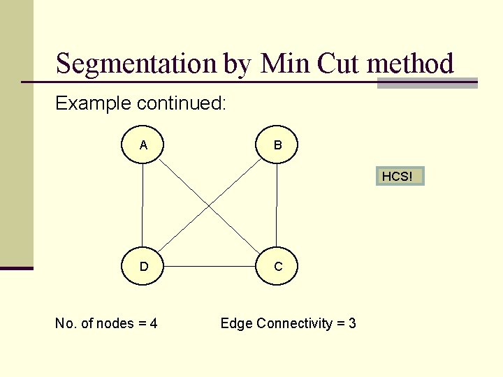 Segmentation by Min Cut method Example continued: A B HCS! D No. of nodes