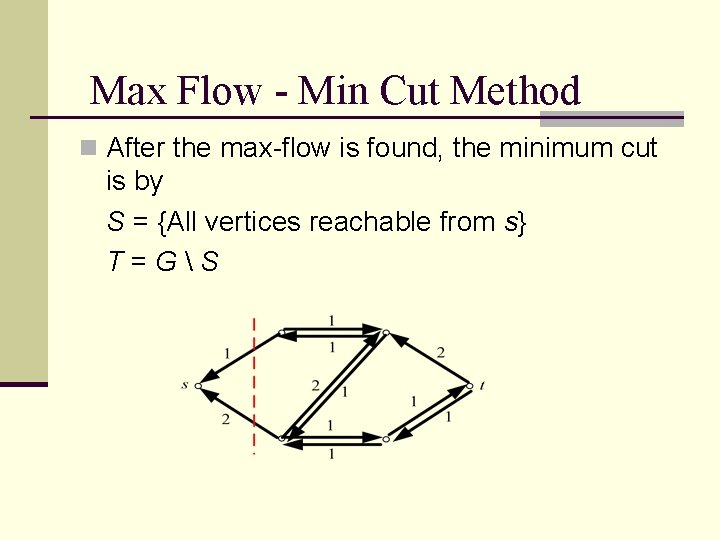 Max Flow - Min Cut Method n After the max-flow is found, the minimum