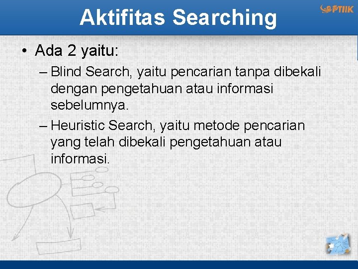 Aktifitas Searching • Ada 2 yaitu: – Blind Search, yaitu pencarian tanpa dibekali dengan