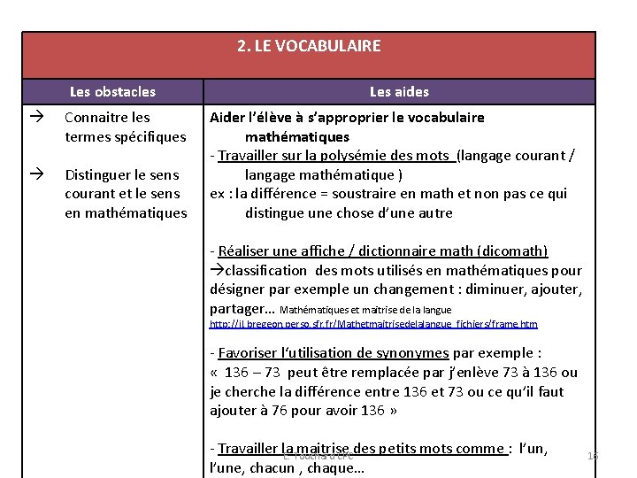 2. LE VOCABULAIRE Les obstacles Connaitre les termes spécifiques Distinguer le sens courant et