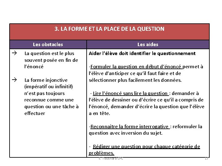 3. LA FORME ET LA PLACE DE LA QUESTION Les obstacles La question est