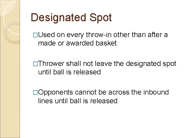 Designated Spot �Used on every throw-in other than after a made or awarded basket