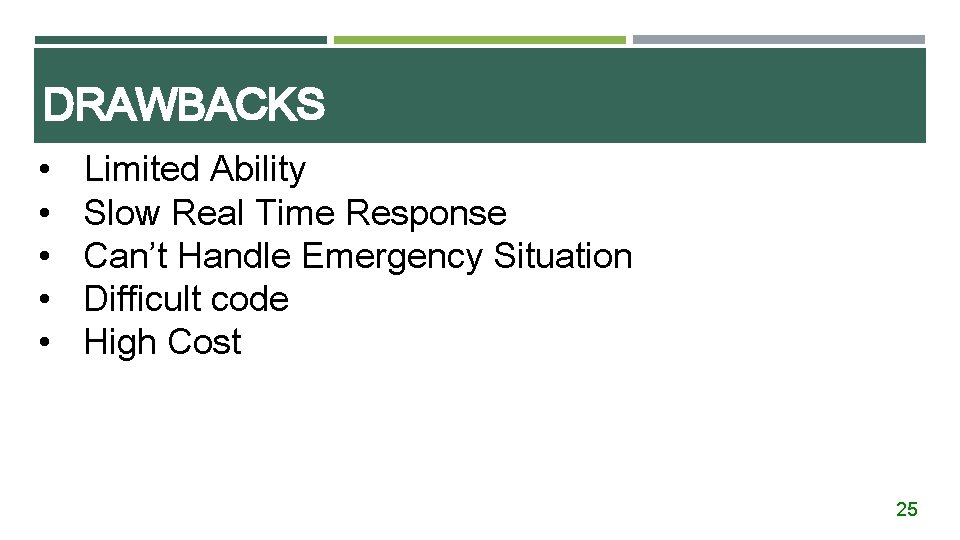 DRAWBACKS • • • Limited Ability Slow Real Time Response Can’t Handle Emergency Situation