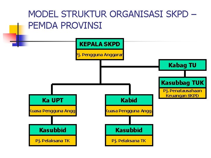 MODEL STRUKTUR ORGANISASI SKPD – PEMDA PROVINSI KEPALA SKPD Pj. Pengguna Anggaran Kabag TU