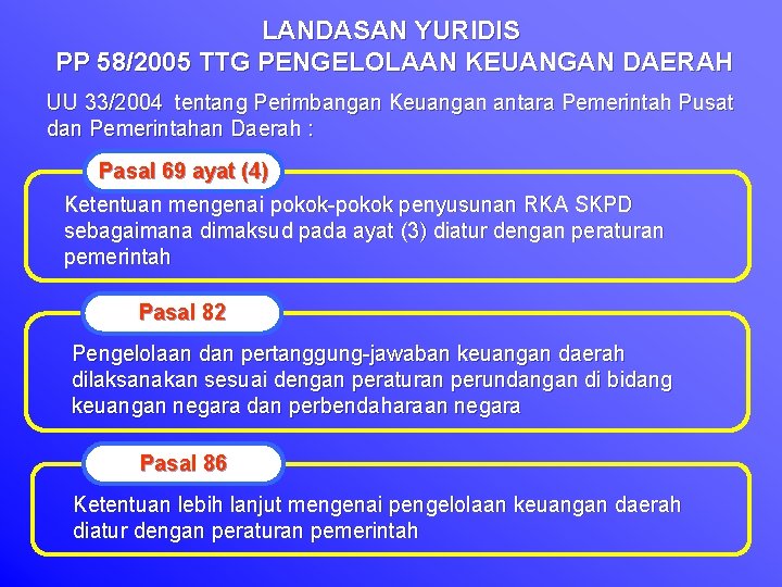 LANDASAN YURIDIS PP 58/2005 TTG PENGELOLAAN KEUANGAN DAERAH UU 33/2004 tentang Perimbangan Keuangan antara