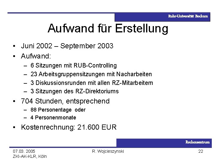 Ruhr-Universität Bochum Aufwand für Erstellung • Juni 2002 – September 2003 • Aufwand: –