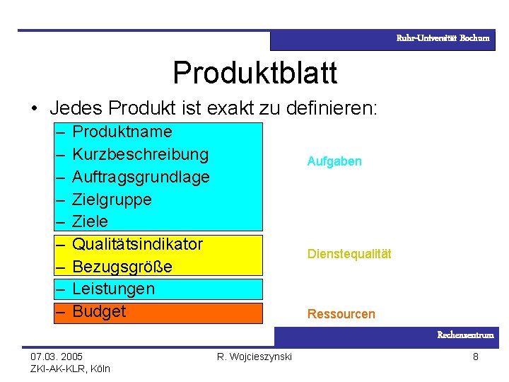 Ruhr-Universität Bochum Produktblatt • Jedes Produkt ist exakt zu definieren: – – – –