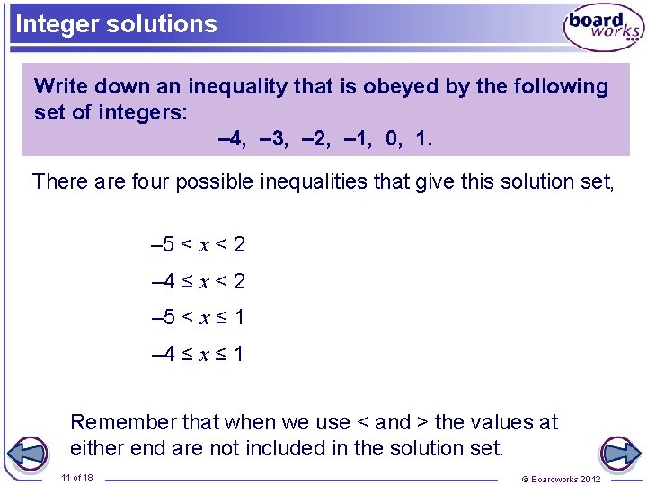 Integer solutions Write down an inequality that is obeyed by the following set of Integer solutions Write down an inequality that is obeyed by the following set of