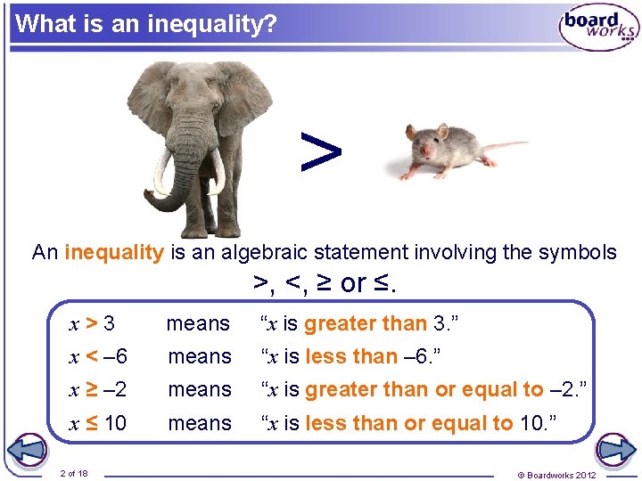 What is an inequality? > An inequality is an algebraic statement involving the symbols What is an inequality? > An inequality is an algebraic statement involving the symbols