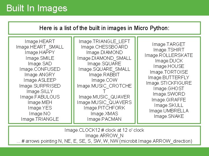 Built In Images Here is a list of the built in images in Micro