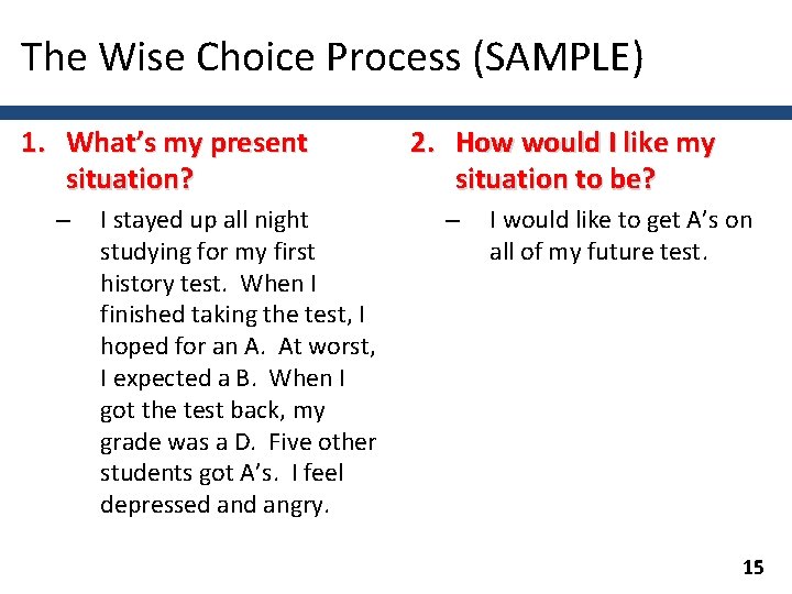 The Wise Choice Process (SAMPLE) 1. What’s my present situation? – I stayed up