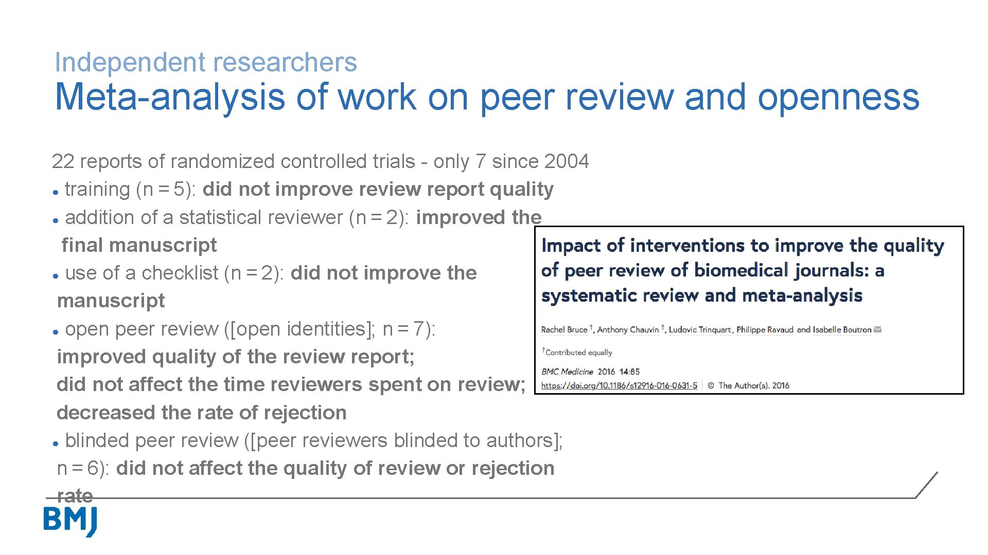 Independent researchers Meta-analysis of work on peer review and openness 22 reports of randomized