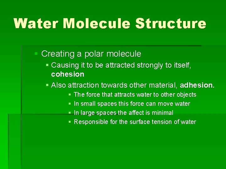 Water Molecule Structure § Creating a polar molecule § Causing it to be attracted