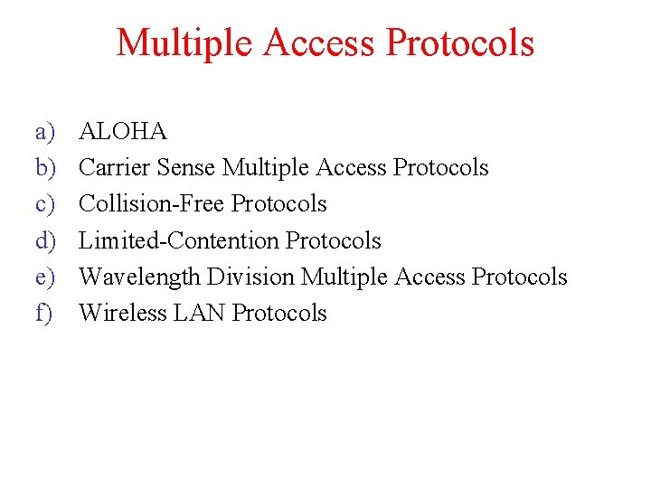 Multiple Access Protocols a) b) c) d) e) f) ALOHA Carrier Sense Multiple Access