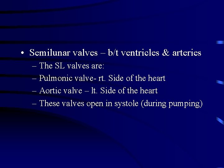  • Semilunar valves – b/t ventricles & arteries – The SL valves are: