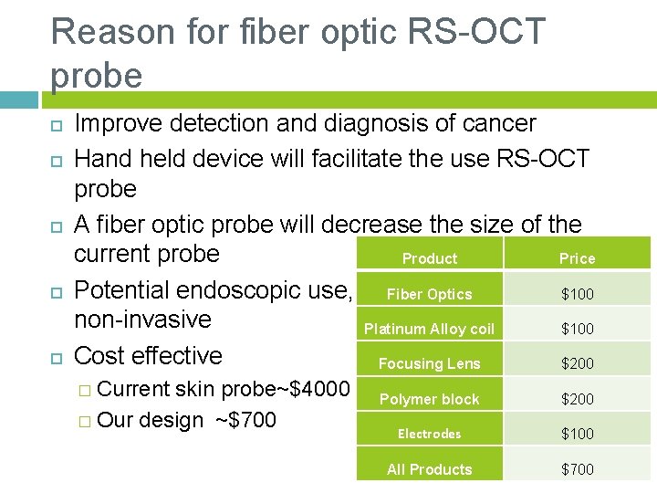 Reason for fiber optic RS-OCT probe Improve detection and diagnosis of cancer Hand held