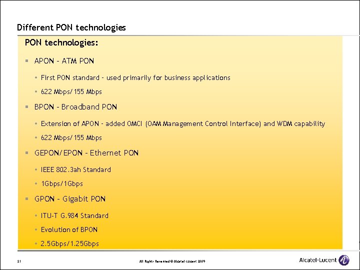Different PON technologies: § APON – ATM PON First PON standard – used primarily