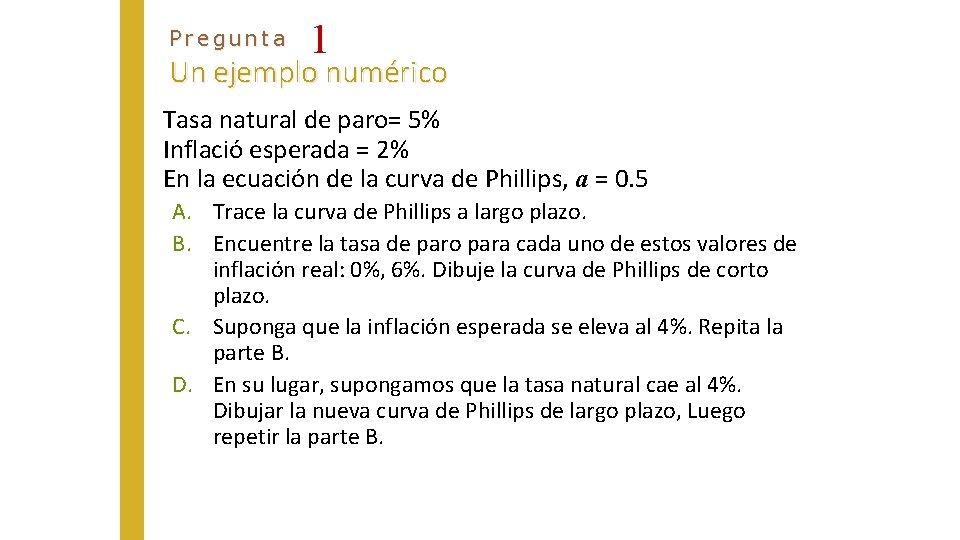 Pregunta 1 Un ejemplo numérico Tasa natural de paro= 5% Inflació esperada = 2%