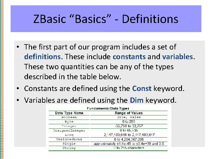 ZBasic “Basics” - Definitions • The first part of our program includes a set