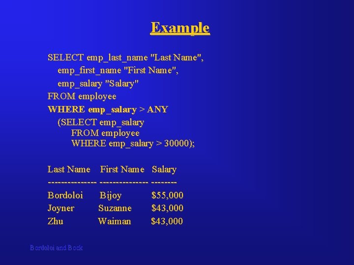 Example SELECT emp_last_name "Last Name", emp_first_name "First Name", emp_salary "Salary" FROM employee WHERE emp_salary