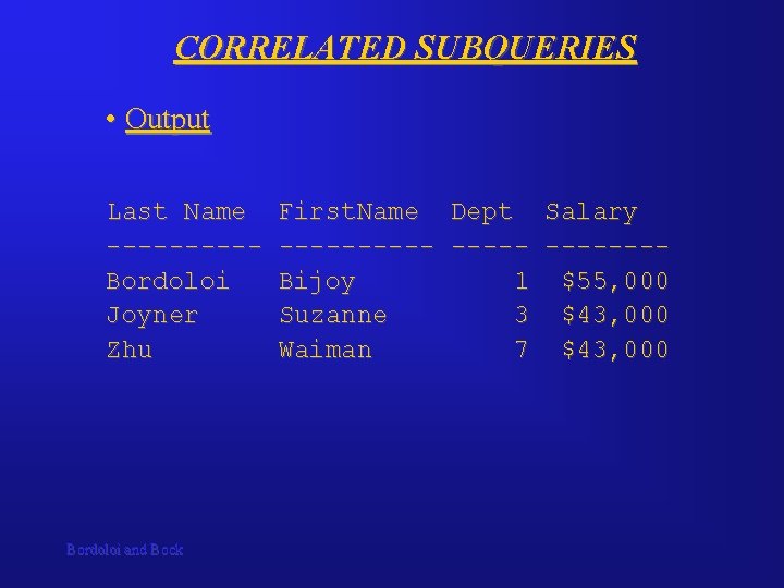 CORRELATED SUBQUERIES • Output Last Name First. Name Dept Salary ----------Bordoloi Bijoy 1 $55, CORRELATED SUBQUERIES • Output Last Name First. Name Dept Salary ----------Bordoloi Bijoy 1 $55,