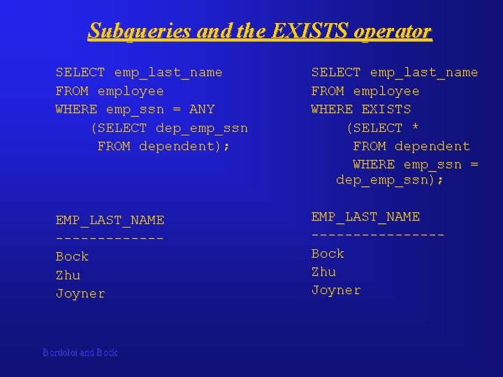 Subqueries and the EXISTS operator SELECT emp_last_name FROM employee WHERE emp_ssn = ANY (SELECT