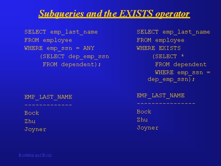 Subqueries and the EXISTS operator SELECT emp_last_name FROM employee WHERE emp_ssn = ANY (SELECT Subqueries and the EXISTS operator SELECT emp_last_name FROM employee WHERE emp_ssn = ANY (SELECT