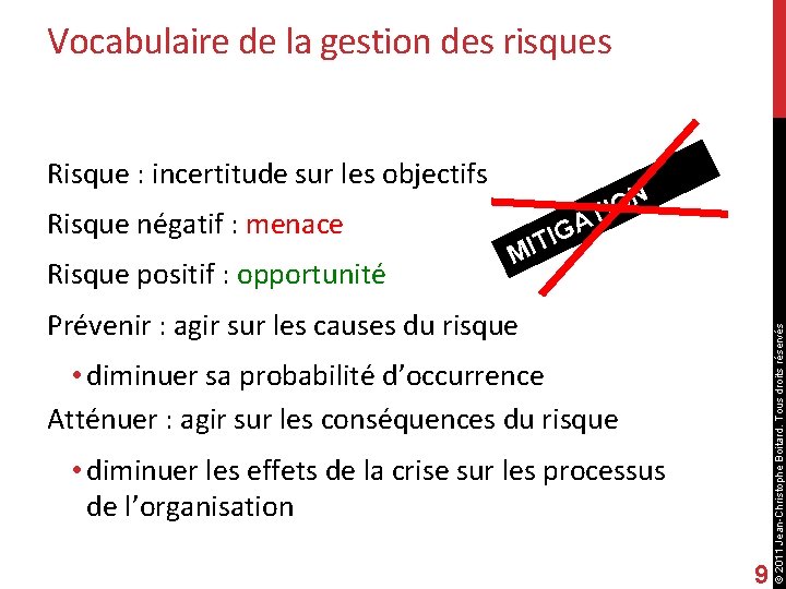 Vocabulaire de la gestion des risques Risque : incertitude sur les objectifs Risque positif