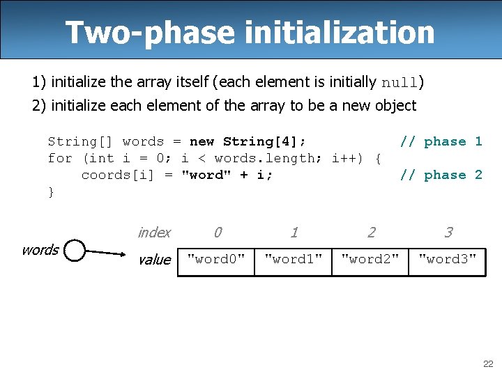 Two-phase initialization 1) initialize the array itself (each element is initially null) 2) initialize Two-phase initialization 1) initialize the array itself (each element is initially null) 2) initialize