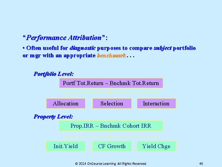 “Performance Attribution”: • Often useful for diagnostic purposes to compare subject portfolio or mgr