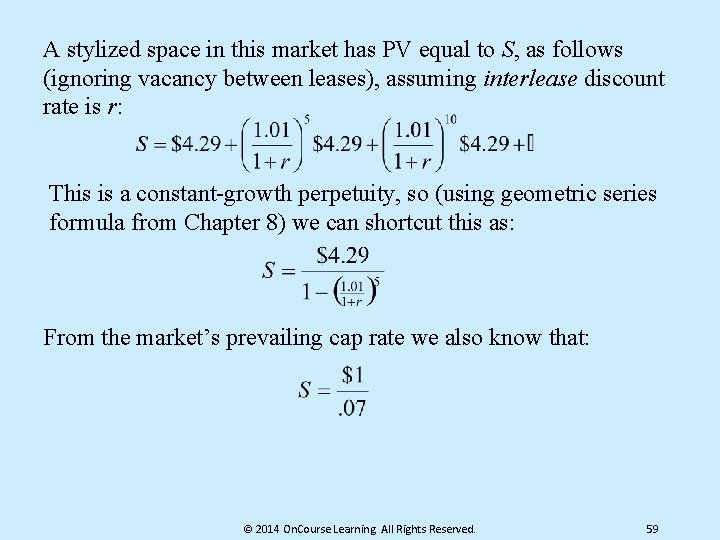 A stylized space in this market has PV equal to S, as follows (ignoring