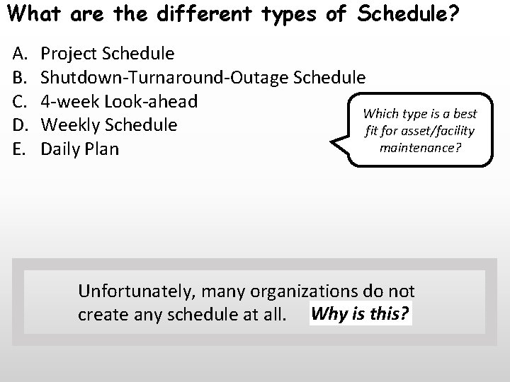 What are the different types of Schedule? A. B. C. D. E. Project Schedule