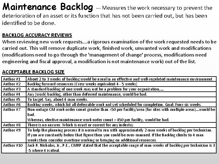 Maintenance Backlog --- Measures the work necessary to prevent the deterioration of an asset