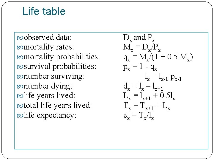 Life table observed data: mortality rates: mortality probabilities: survival probabilities: number surviving: number dying: