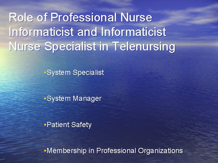 Role of Professional Nurse Informaticist and Informaticist Nurse Specialist in Telenursing • System Specialist