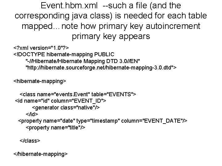 Event. hbm. xml --such a file (and the corresponding java class) is needed for