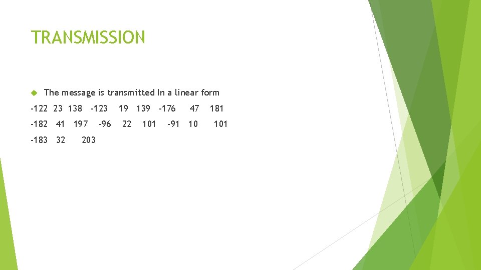 TRANSMISSION The message is transmitted In a linear form -122 23 138 -123 -182