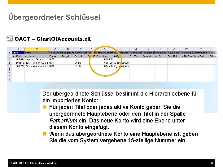 Übergeordneter Schlüssel OACT – Chart. Of. Accounts. xlt Der übergeordnete Schlüssel bestimmt die Hierarchieebene