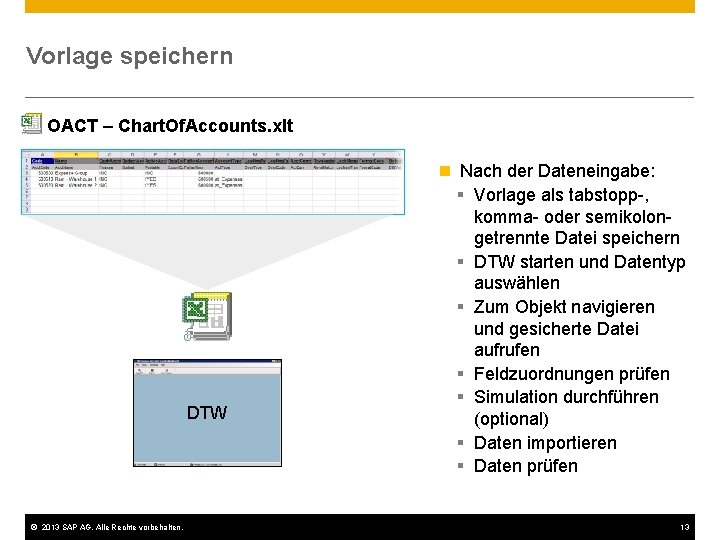Vorlage speichern OACT – Chart. Of. Accounts. xlt DTW © 2013 SAP AG. Alle